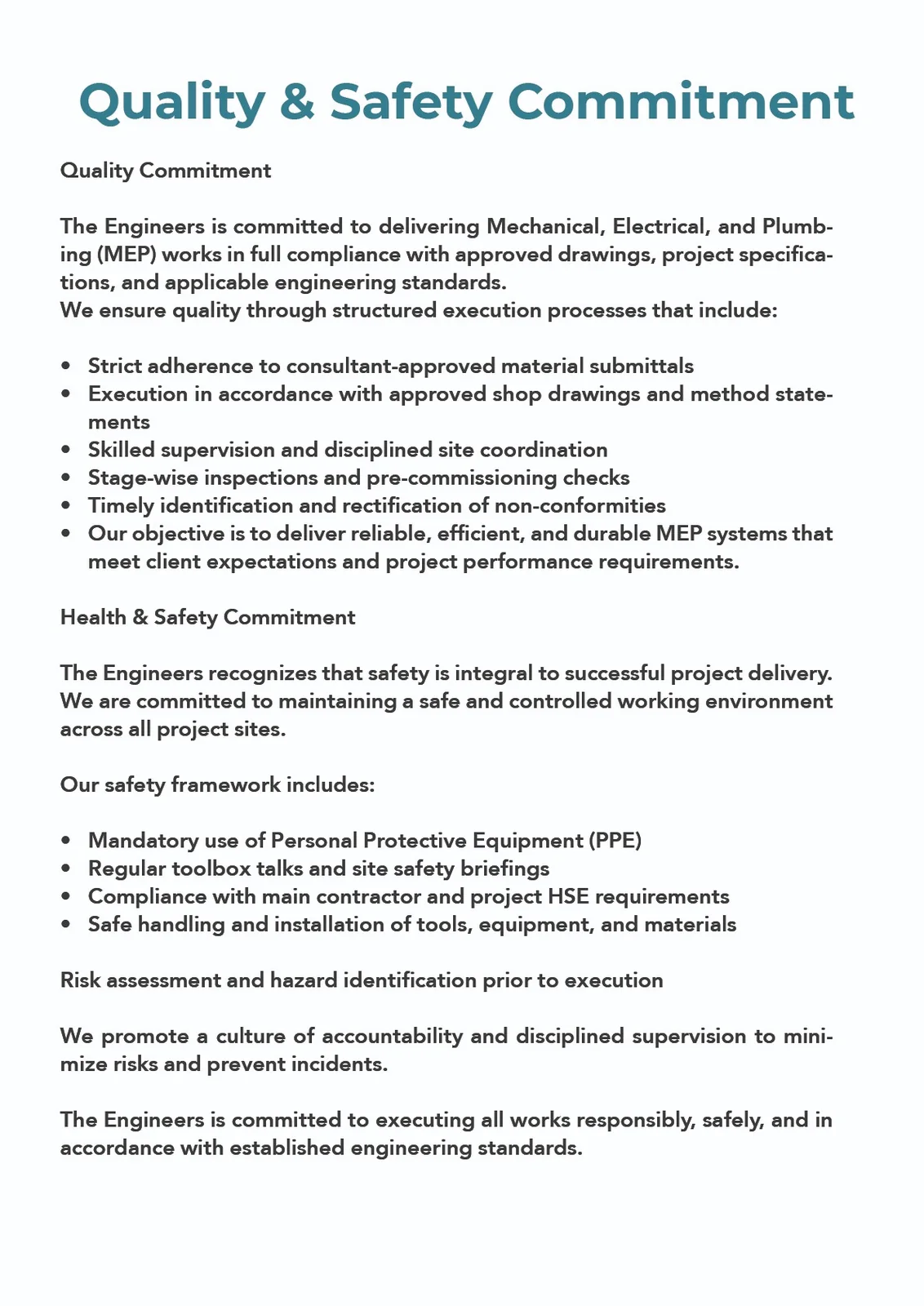 The Engineers — Quality Safety Commitment